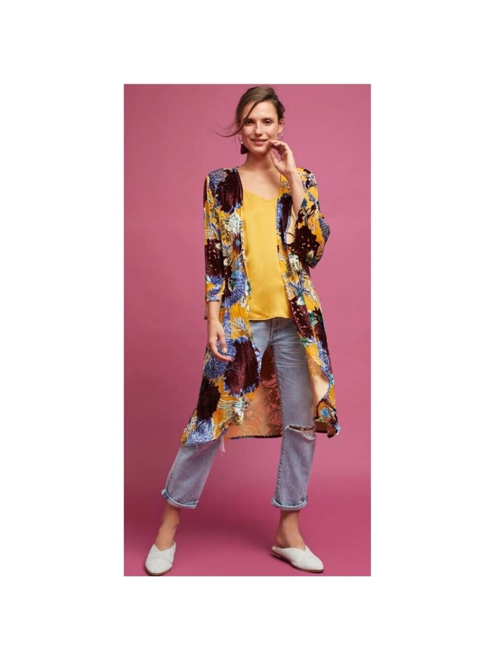 NWOT Anthropologie Floreat Aurelia Gold and Burgundy Floral Burnout Kimono OS